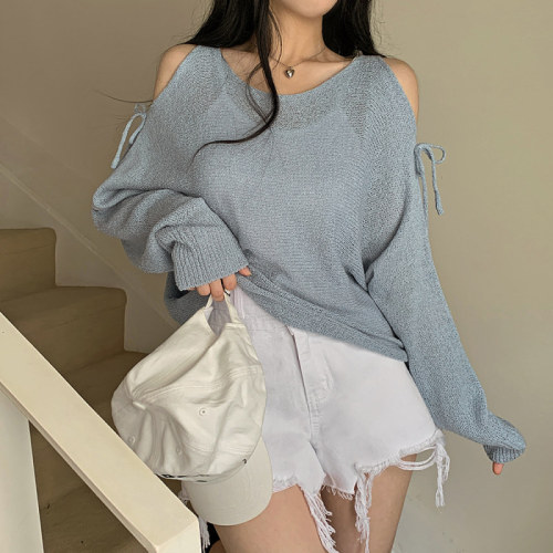 Actual shot Korean style loose see-through shoulder slit brochure long-sleeved sweater top dropped shoulder sleeve sweater