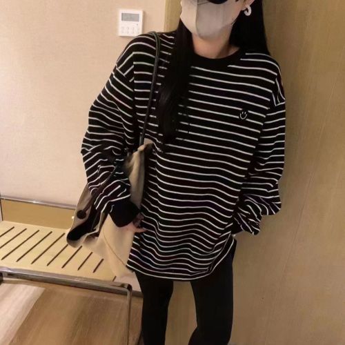 Korean style autumn and winter loose striped face bottoming shirt lazy style long-sleeved T-shirt top ins trendy thin top