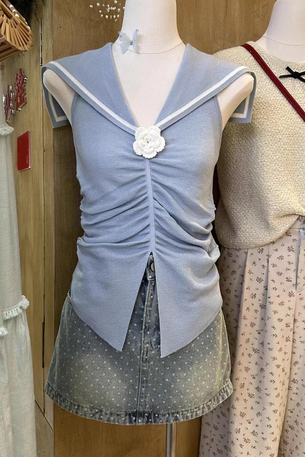 College style navy collar three-dimensional flower chic and beautiful top pleated design pinch waist vest small shirt for women in summer
