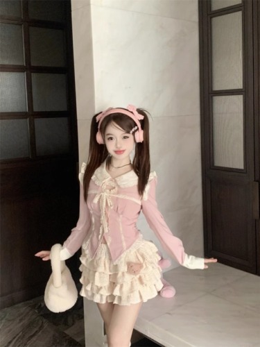 Small sweet suit pink doll collar long-sleeved shirt top women's spring and autumn cake skirt two-piece set