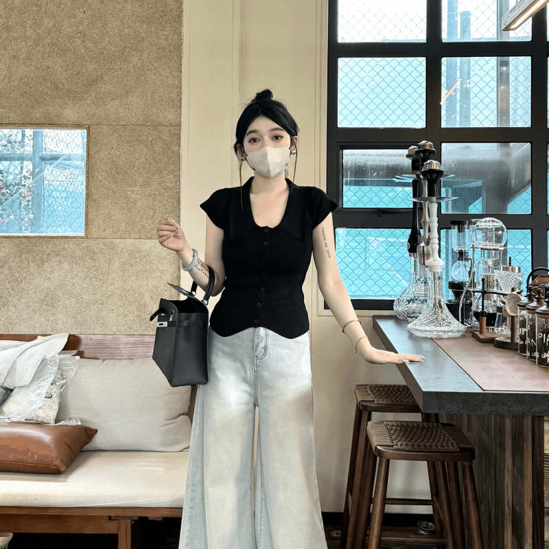Dajing recommends London leisure single-row short-sleeved design lapel vest for women, fashionable and chic small shirt for women