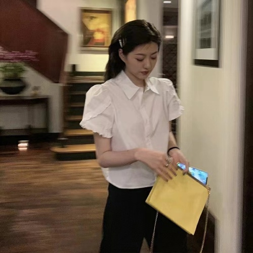 韩版夏季新款衬衫POIO领单排扣荷叶边小清新上衣女