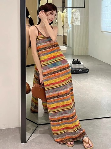 French seaside resort knitted dress for women summer colorful striped suspender skirt long temperament V-neck long skirt