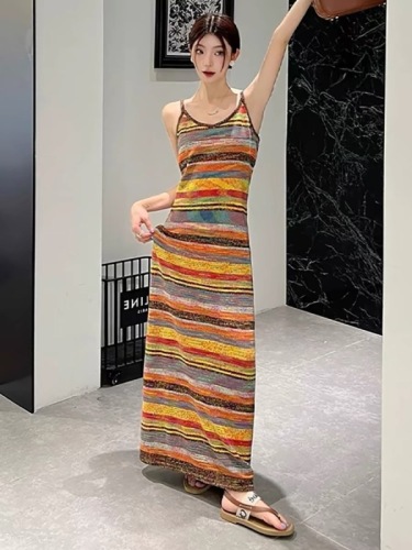 French seaside resort knitted dress for women summer colorful striped suspender skirt long temperament V-neck long skirt