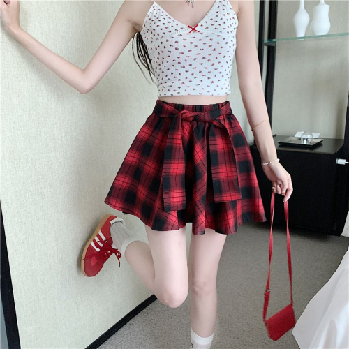 American hot girl contrasting color patchwork plaid shirt-like versatile irregular skirt