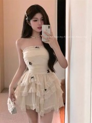 French sweet bow tube top dress for women summer design pure mesh princess dress cake tutu dress
