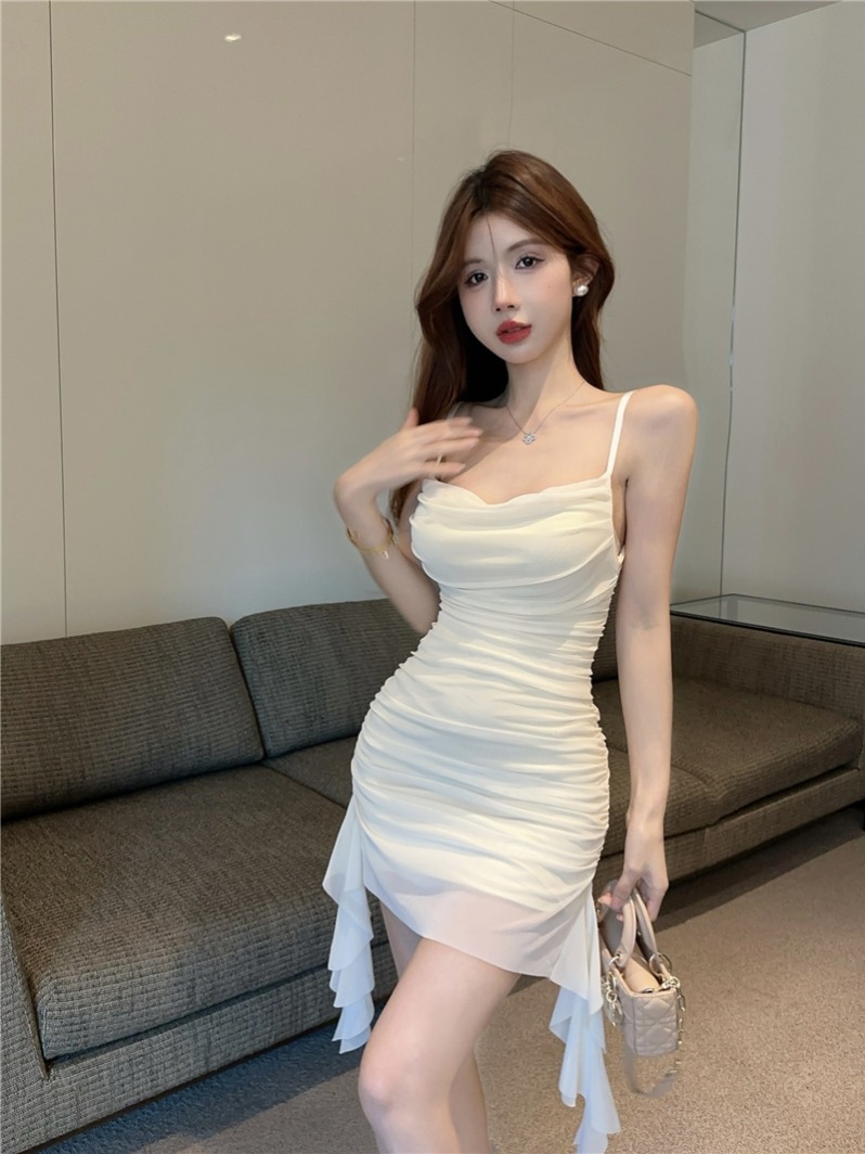 Actual shot~Pure hot girl style design of petite suspender dress with tassels and ruffles for women