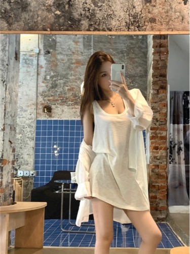 Real shot of loose large version high personal low-cut vest skirt for women slightly see-through cool sun protection shirt for women