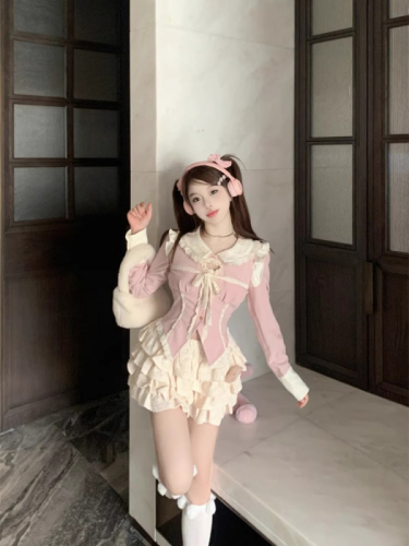 Small sweet suit pink doll collar long-sleeved shirt top women's spring and autumn cake skirt two-piece set