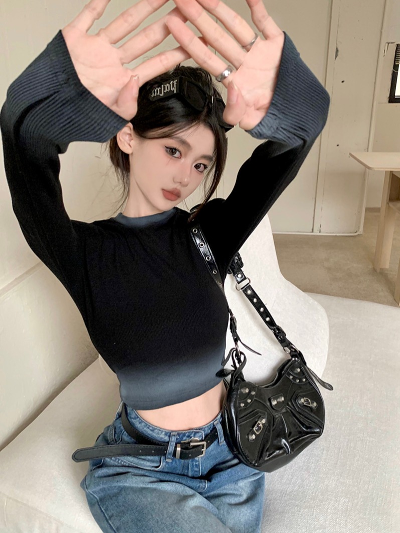 Real shot American tight-fitting long-sleeved bottoming solid color short T-shirt women's high-waist navel top trendy