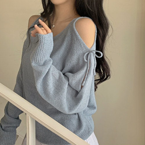 Actual shot Korean style loose see-through shoulder slit brochure long-sleeved sweater top dropped shoulder sleeve sweater