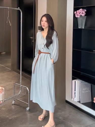 Jeju Evening Breeze Blue Short Resort Style Dress A-Line Long Skirt 2024 Summer Temperament Belt Short Skirt