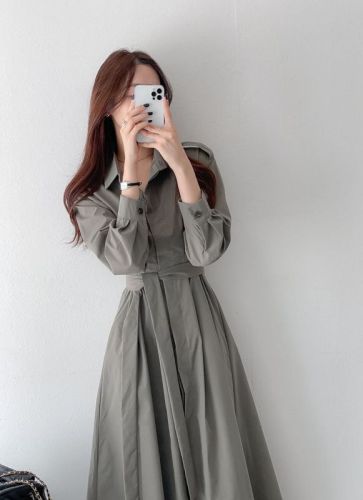 Chic autumn design lapel long-sleeved dress women's mid-length strappy shirt dress