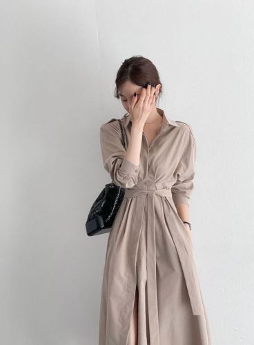 Chic autumn design lapel long-sleeved dress women's mid-length strappy shirt dress