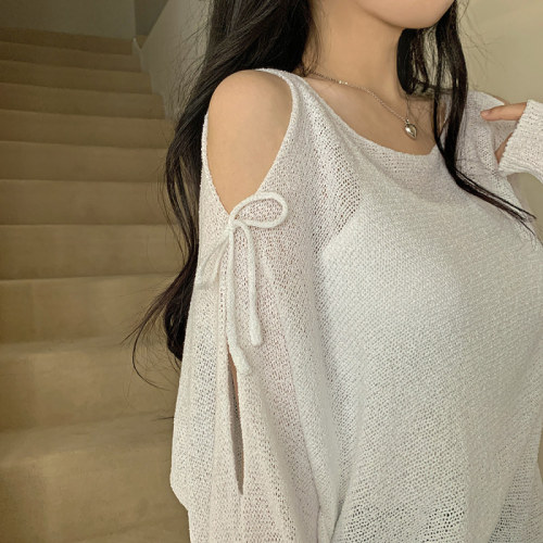 Actual shot Korean style loose see-through shoulder slit brochure long-sleeved sweater top dropped shoulder sleeve sweater