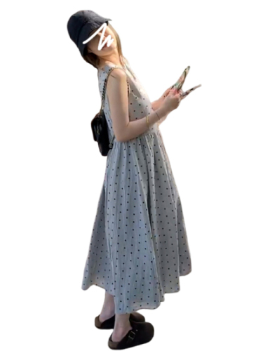 Polka-dot sleeveless vest dress for women summer 2024 new tea break French style slimming long skirt for small people