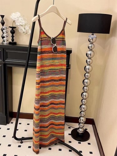 French seaside resort knitted dress for women summer colorful striped suspender skirt long temperament V-neck long skirt