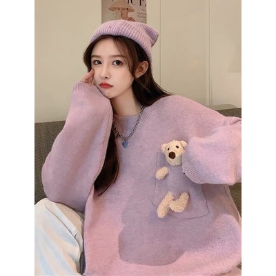 Women's Loose and Lazy Style Cardigan Sweater, Cartoon Hooded Top, Knitted Crewneck, Korean Version Purple, 2024 New Arrival