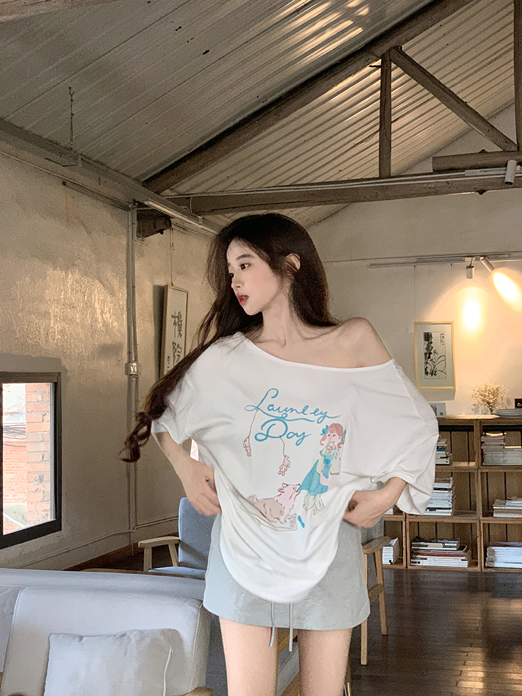 Original real shot!  Printed short-sleeved T-shirt women's design niche loose oversize drop shoulder half-sleeved top