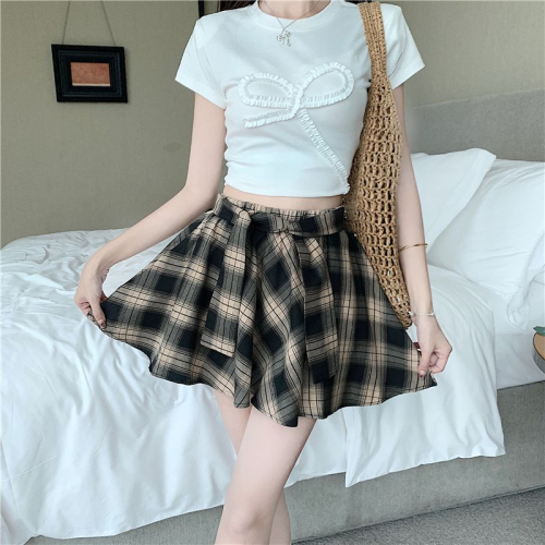 American hot girl contrasting color patchwork plaid shirt-like versatile irregular skirt