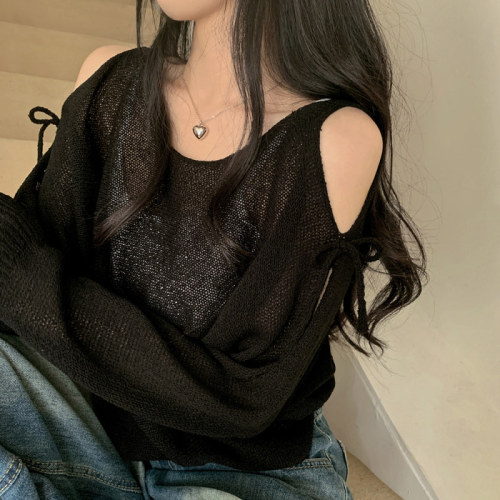 Actual shot Korean style loose see-through shoulder slit brochure long-sleeved sweater top dropped shoulder sleeve sweater