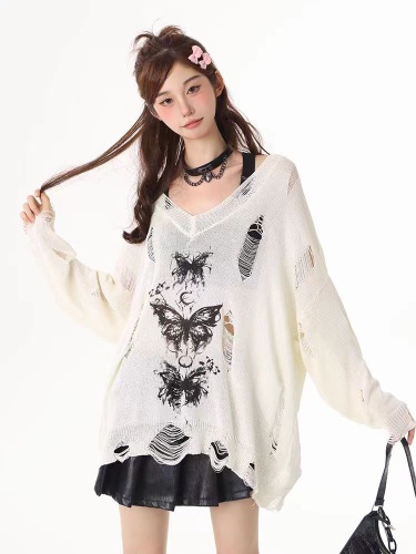 Xunxi XUNXI butterfly long-sleeved sun protection blouse for women summer outer wear thin off-shoulder loose sweater top