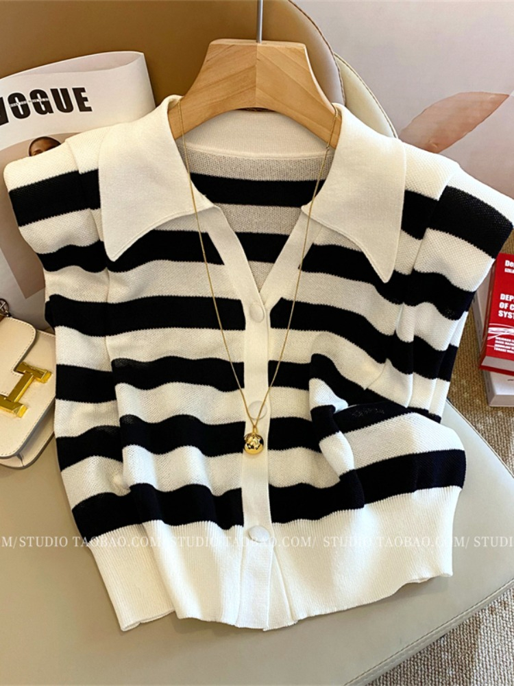 European design niche Polo collar cardigan sleeveless t-shirt women's summer new short I-shaped vest vest