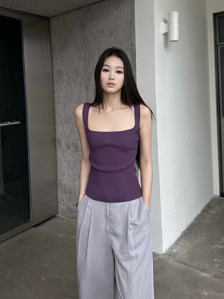 高級感氣質深紫色方領針織吊帶背心女夏冰絲修身內搭打底衫上衣薄