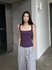 Women's Summer Ice Silk Thin High-End Deep Purple Square Neck Knit Slip Dress Bralette Top Underwear Base Layer T-shirt