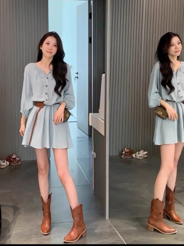 Jeju Evening Breeze Blue Short Resort Style Dress A-Line Long Skirt 2024 Summer Temperament Belt Short Skirt