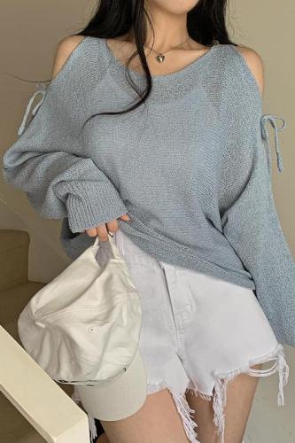 Actual shot Korean style loose see-through shoulder slit brochure long-sleeved sweater top dropped shoulder sleeve sweater