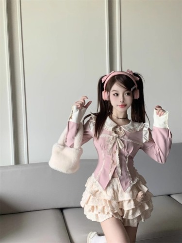 Small sweet suit pink doll collar long-sleeved shirt top women's spring and autumn cake skirt two-piece set