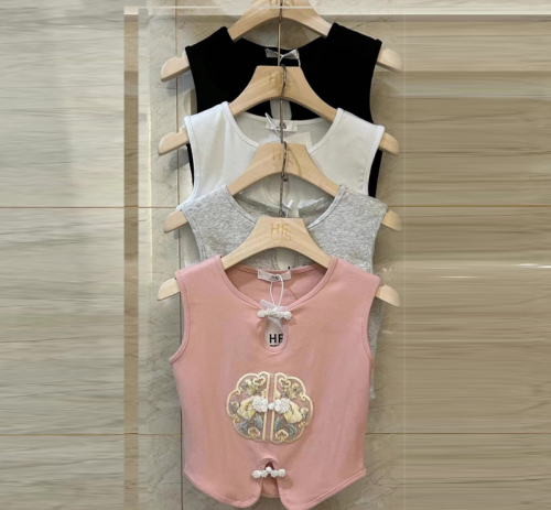 New Chinese style plate button pink sweet sleeveless waistcoat T-shirt retro embroidered jacquard versatile vest women's short top