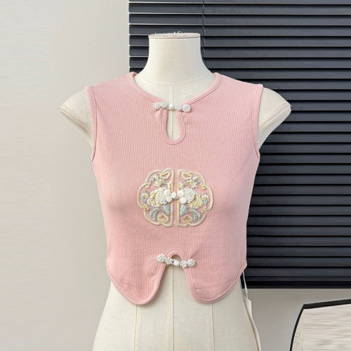 New Chinese style plate button pink sweet sleeveless waistcoat T-shirt retro embroidered jacquard versatile vest women's short top