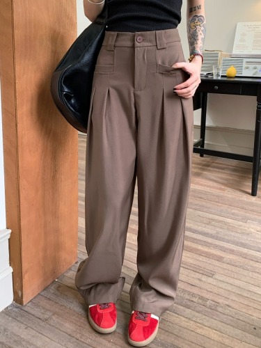 Real shot of high-waist design straight wide-leg casual pants for women