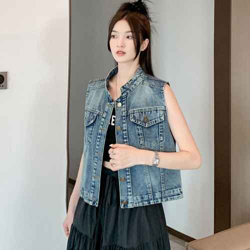 Actual shot~ Summer new style round neck denim vest women's short loose sleeveless jacket vest