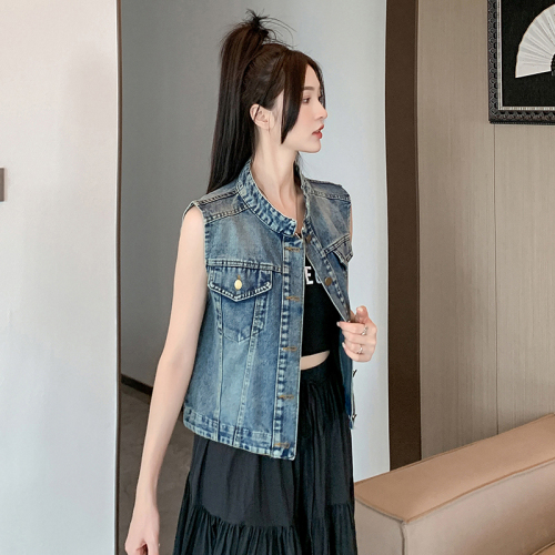 Actual shot~ Summer new style round neck denim vest women's short loose sleeveless jacket vest