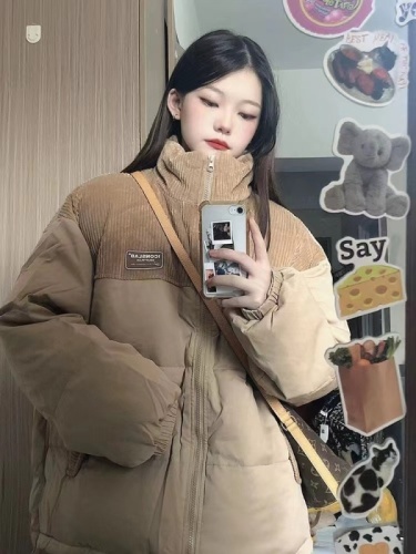 2024 new style BF style short down cotton jacket for women corduroy spliced ​​cotton coat loose thickened cotton jacket winter jacket