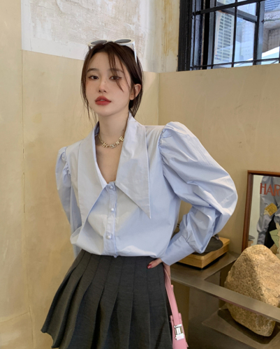 Real shot ~ Western style, simple and versatile long-sleeved lapel puff-sleeved white shirt top for women