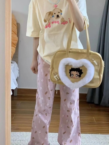 Dopamine Girl Pink Bear Print Women's Summer Plus Size High-Waist Loose Wide Leg Bell-bottom Pants