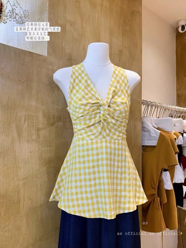 AS OFFICIAL blogger wears new summer design yellow sunset knot top women's plaid vest