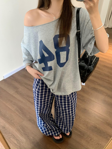 Wu 77 Korean style buttoned plaid wide-leg casual pants for women, lazy style texture, loose and slim, floor-length trousers for summer