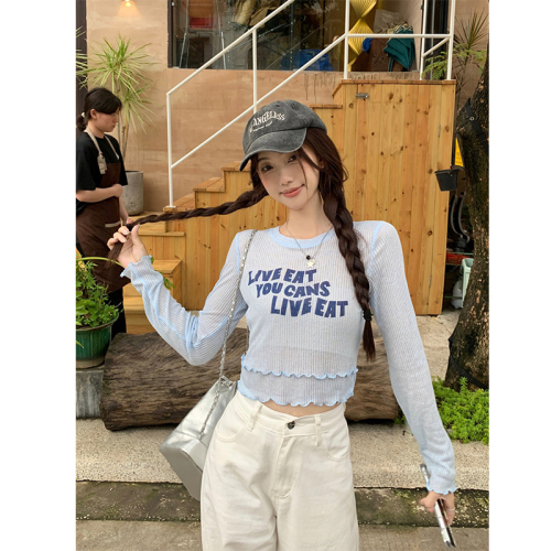 Autumn new Internet celebrity small long-sleeved knitted sun protection top women's long-sleeved blouse summer short thin T-shirt