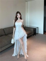 Real shot~ French style super fairy pure desire leaf edge splicing strap dress women slimming irregular skirt 