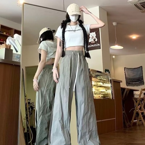 American style 2024 summer niche structure quick-drying casual pants for men and women loose street straight wide leg long pants trendy