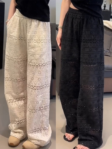 Summer thin high-waisted lace hollow floor-length wide-leg pants for women, loose slimming casual straight pants trendy