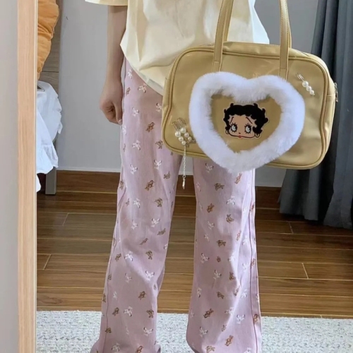Dopamine Girl Pink Bear Print Women's Summer Plus Size High-Waist Loose Wide Leg Bell-bottom Pants
