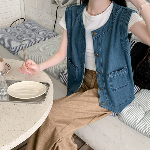 Actual shot ~ New round neck retro loose outer layered denim vest vest waistcoat top for women