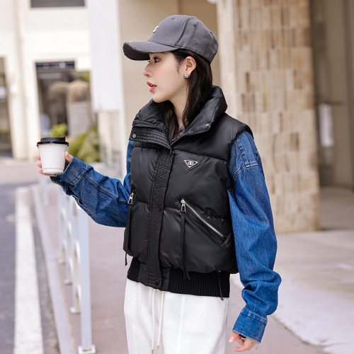 Actual shot of the new light and warm feather cotton vest for women, short, fashionable, stand-up collar, autumn and winter small vest, vest, jacket, trendy