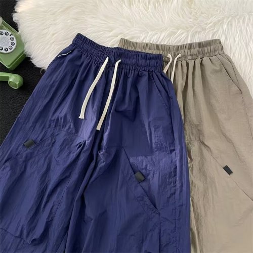 Japanese retro functional outdoor large pocket drawstring cropped pants thin summer versatile loose wide-leg pants for men and women